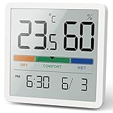 NOKLEAD Hygromètre Thermomètre d'intérieur, thermomètre numérique de bureau avec moniteur de température et d'humidité, thermomètre d'ambiance à jauge d'humidité précise avec horloge(Blanc)